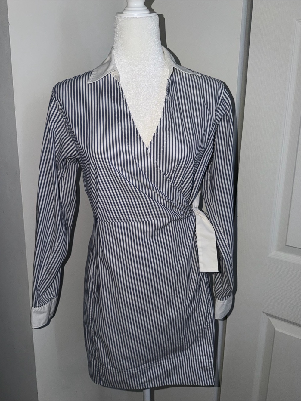 SPANX Navy and White Striped Wrap Shirt Dress